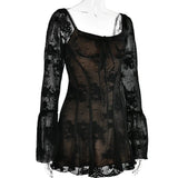Long Sleeve Lace Square Neck Mini Dress-Outfit