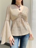 Cloth Forgets The Ancient Wild Folk Style V Tie With Horn Long-Sleeved Top Knitted