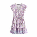 Cotton Purple Print Short-Sleeved Leaf Sleeve Dress