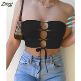 Women Summer Tube Tops Solid Color Front Tie-Up Strapless Cropped Tops Slim Fit Backless Camis Tops