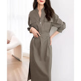 Temperament Commuting Long Sleeves Wearing Skirts In The Fall Of 2025 New V-Neck Waist Thin Shirt Dress