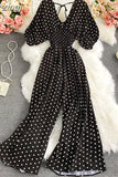 Vintage Women Polka Dot Romper Sexy V-Neck Puff Short Sleeve High Waist Backless Wide Leg Jumpsuits Female New