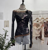 Shooting Lace Splicing Oblique Shoulder Thin Tie-Dye Mesh T-Shirt Girl T-Shirt T-Shirt Shawl T-Shirt