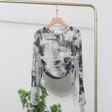 Not Sultry Hot Tie Dye Net Yarn Long-Sleeved T-Shirt Drawstring Tethered With Short-Sized T-Shirt Horn Sleeve Top
