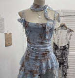 Shooting Retro Tie-Dye-Print Mesh Sling Sling Sling Vest Irregular Lotus Leaf Edge Ribbon Sleeveless Top