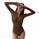 Zingj And Autumn Women's Polo Collar Temperament Half Button Slim Long Sleeve With Solid Color