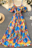 Summer Women's Spaghetti Strap Long Dress Bohemian Vacation Beach Party Pleated Vestidos Female New Fashion