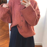 Women Solid Button Twisted Knitted Minimalist Daily Retro Chic Outwear Basic Warm Harajuku Student New Stretchy