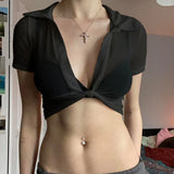 Sexy Thin Spring Perspective Open Fork Design T-Shirt Hottie Short External Mesh Sunscreen