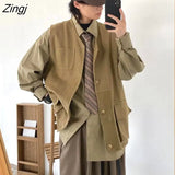 Woman Solid Button Pockets All-match Streetwear Japanese Style Harajuku Loose Design Simple Fashion Casual New Spring