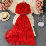 Vintage Polka Dot Pleated Long Dress Women Blue/Red/Purple Draped Vestidos Casual Female High Waist Big Swing Robe