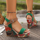 New Leisure Slope And Embroidery High Heel Sandals Women Buckle With Toe Thick-Soled Women's