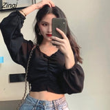 Women Summer Black White Holiday Girls Elegant Long Sleeve V-neck Folds Female Crop Top Street Daily Simple Slim