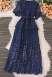 Vintage Women Hollow Out Lace Ruffle Long Dress Elegant Round Neck Short Sleeve High Waist Slim Maxi Party Vestidos