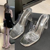 Transparent High-Heeled Women 2025 Summer New Word With High-Heeled Slippers Crystal And Coarse Sandals