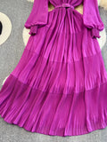 Women Draped Long Dress Spring Autumn Elegatn V-Neck Lantern Sleeve High Waist A-Line Pleated Party Maxi Vestidos