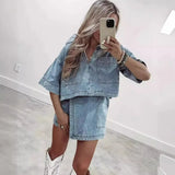 Casual Jeans Set Women's Summer Loose Skinny POLO Short Sleeve Shirts Irregular