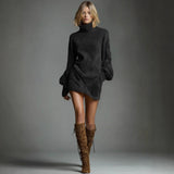 High-End Women's Retro Collar Imitation Leather Short Dress Autumn And Winter New Long-Sleeved Short