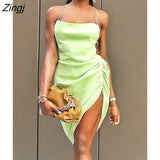 Casual Ruched Backless Dress For Women Spaghetti Strap Sexy Solid Streetwear Female Bandage Dresses Beach
