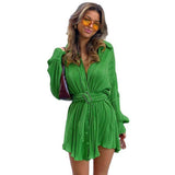 Women's New Shirt Collar Fashion Women's Clothing Tight Waist Folds Long Sleeves With