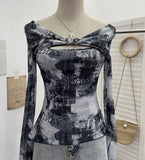 Shooting Strapped With Hollow Retro Print Long-Sleeved Mesh T-Shirt Ribbon Design Spring And Summer Top