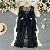 Zingj Spring And Summer Leisure Cardigan Dress Female Feeling Hollow Out Travel Vacation Wind Open Fork Long Shawl