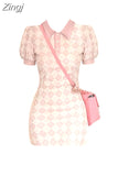 Women Summer Plaid Mini Dress Kawaii High Waist Polo-Neck Cute Slim Midi Dress French Elegant Loose Sweet Party Holiday