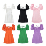 New Spring 2025 Square Collar Solid Color Versatile Bubble Sleeve Back Band Open Back