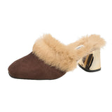 Autumn And Winter Hairy Coarse Slippers Bao Head Female Version Of Temperament Pedaled High-Heeled Shoes 43 Large