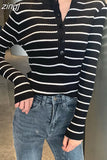 Striped Women Pullover Sweater Fashion Button Long Sleeve Knitted Slim Korean Jumper Causal High Elastic Ladies