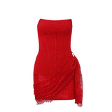 Zingj 2023 New Women's Sexy Lace Mesh A Word Shoulder Wipe Breast Micro Transparent Slim Dress