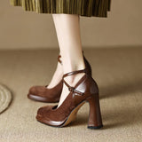 Thick Heel Cross Strap Single Shoes Women's Spring 2025 New Soft Leather Square Head Mary Jane Shallow High