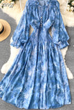 Women Blue/Red/Black Printed Party Dress Bohemian Puff Long Sleeve High Waist Ruffle Collar Midi Robe Female Vestidos
