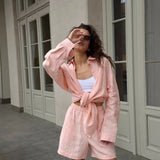 Open-Shirt Shorts Set 2025 Spring And Summer Wear Simple Solid Color Casual