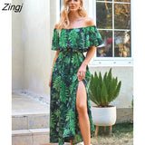 PETAL Off Shoulder Green Leafy Maxi Dress For Woman Sexy Ruffled Holiday Beach Split Dress 2023 Summer Female
