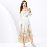 Suit Women's Long-Sleeved Print Chiffon Top High-Waist Long Skirt Two-Set