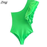 2022 Women Sexy Pleat Ruffles Single Shoulder Asymmetrical Slim Bodysuits Ladies Summer Chic Candy Colors Rompers
