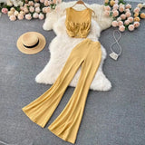 Suit Women Feel Low-Neck Short Top With High-Waisted Flared Trousers Fashion Two