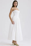 White Stripe Corset Frill Midi Dress-Outfit