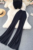 Women Red/Black/White Two Piece Set Elegant Square Collar Short Tops + High Waist Flare Pants Fashion Suits Female
