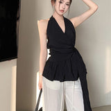Temperament Black Bare Back Hanging Neck Sleeveless Shirt Women Summer Belt Design Feel Shirt Chic Niche