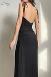 Elegant Summer Spaghetti Strap Black Midi Dress Solid Fashion A-Line Casual Women's Dresses Beach Holidays