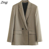 Women Vintage Double Breasted Notched Collar Plaid Blazer Coat Femme Long Sleeve Flap Pockets Outerwear Chic Veste