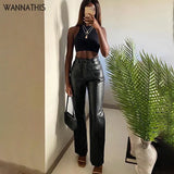 Women Faux Leather Pant Pockets Straight Pant Trousers Autumn Elegant High Waist Loose Vintage Casual Pants