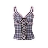 Zingj Women's Wear 2023 Autumn New Sweet Spicy Wind Pure Lace Stitching Grid Tie Inner Vest