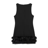 Women's Clothing Explosion Simple Fashion Small Black Dress Hem Feathers Elastic Short