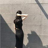 Zingj / Summer 2024 New Korean Version Ins Wrap Hip Skirt Sexy Medium Long Slit Short Sleeve Back Bottom Dress