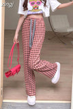 Streetwear Women Black and Pink Plaid Pants Harajuku Loose Pockets Wide Leg Pants Retro Lace Up Student Straight
