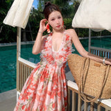 Zingj Photo Summer Embroidered Red Lily Flower Wings Hanging Neck Back Dress