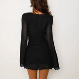 Women's New Knitted Tying Dress With Long Sleeves And Hip Mini